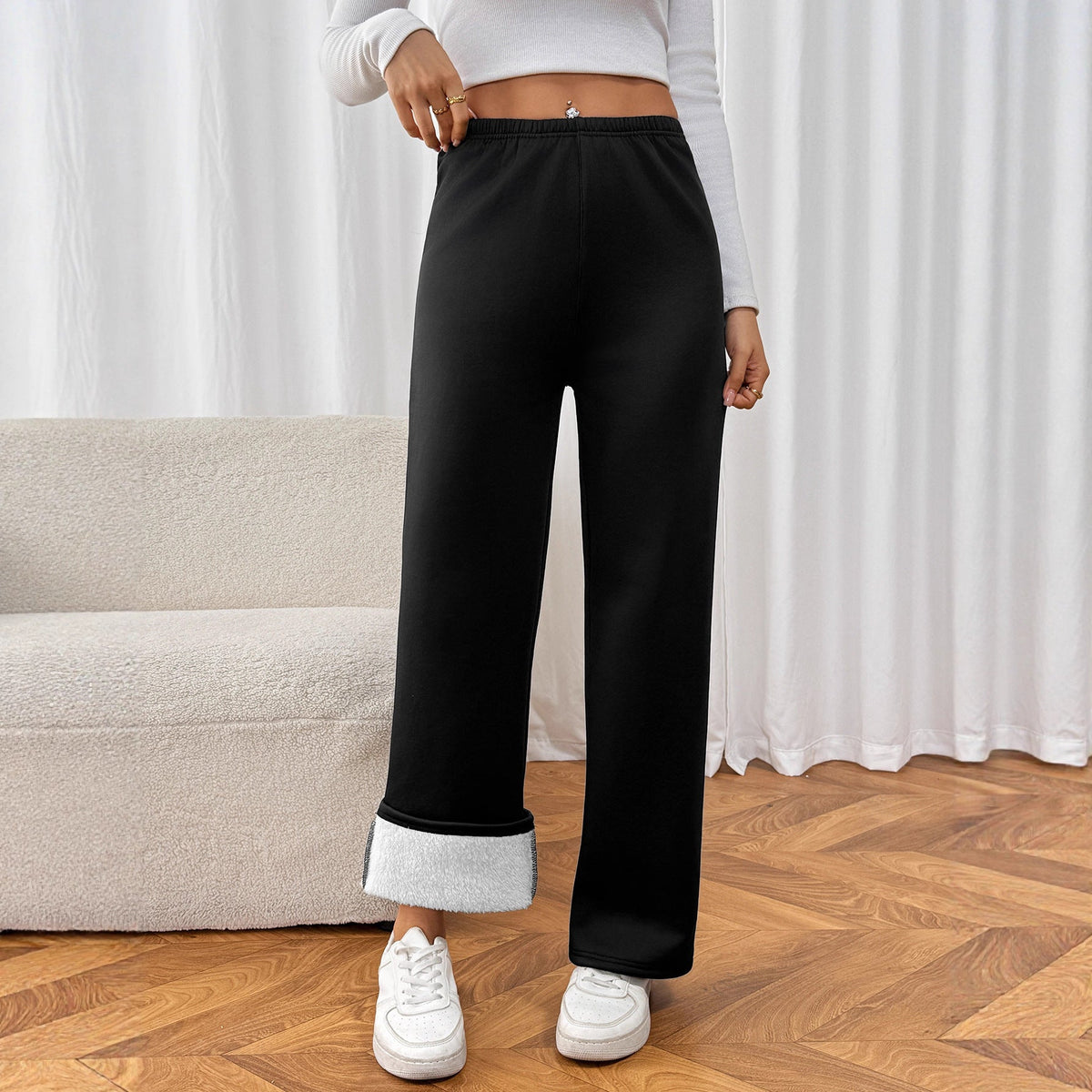 Pantalon large femme effet velours noir, taille élastique