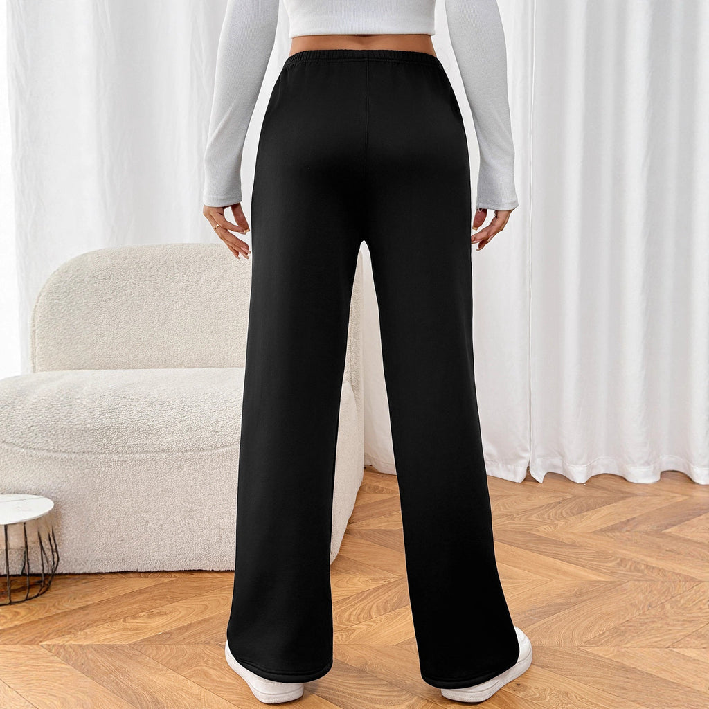 Pantalon large femme effet velours noir, taille élastique