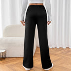Pantalon large femme effet velours noir, taille élastique