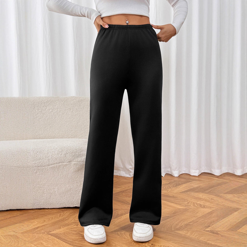 Pantalon large femme effet velours noir, taille élastique