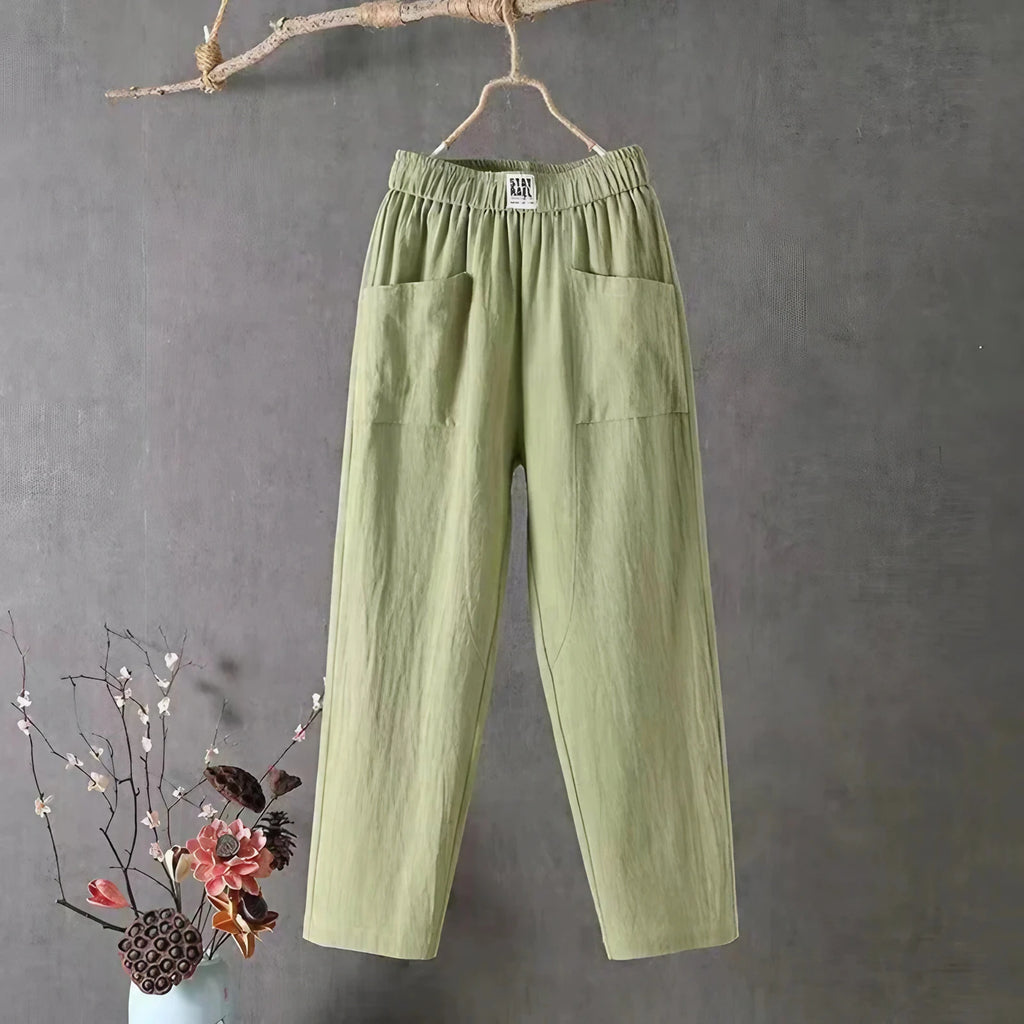 Pantalon femme coton et lin, taille élastique, jambe droite, vert