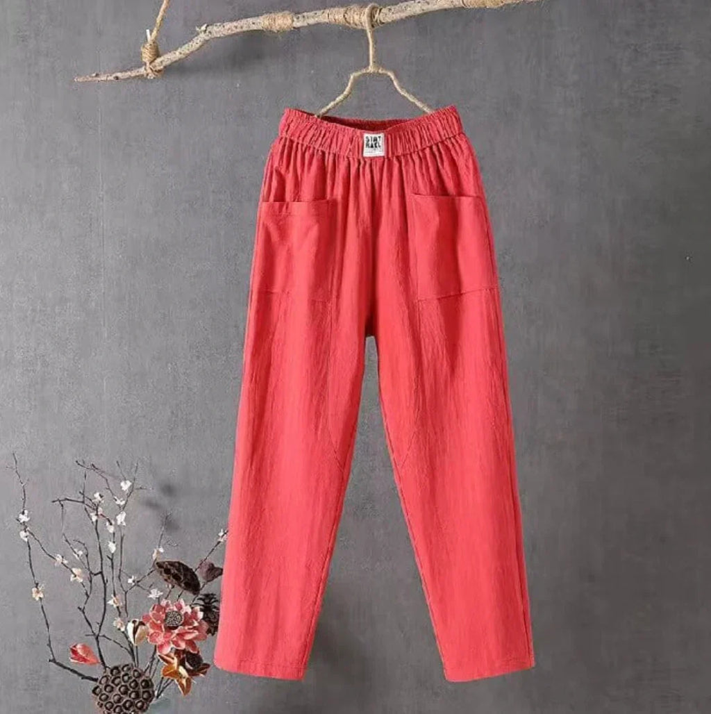 Pantalon femme coton et lin, taille élastique, jambe droite, rouge