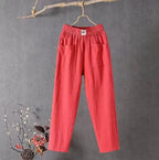 Pantalon femme coton et lin, taille élastique, jambe droite, rouge