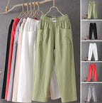 Pantalon femme coton et lin, taille élastique, jambe droite