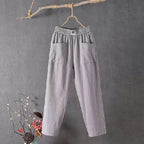Pantalon femme coton et lin, taille élastique, jambe droite, gris