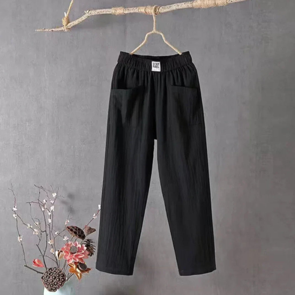 Pantalon femme coton et lin, taille élastique, jambe droite, noir