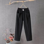 Pantalon femme coton et lin, taille élastique, jambe droite, noir