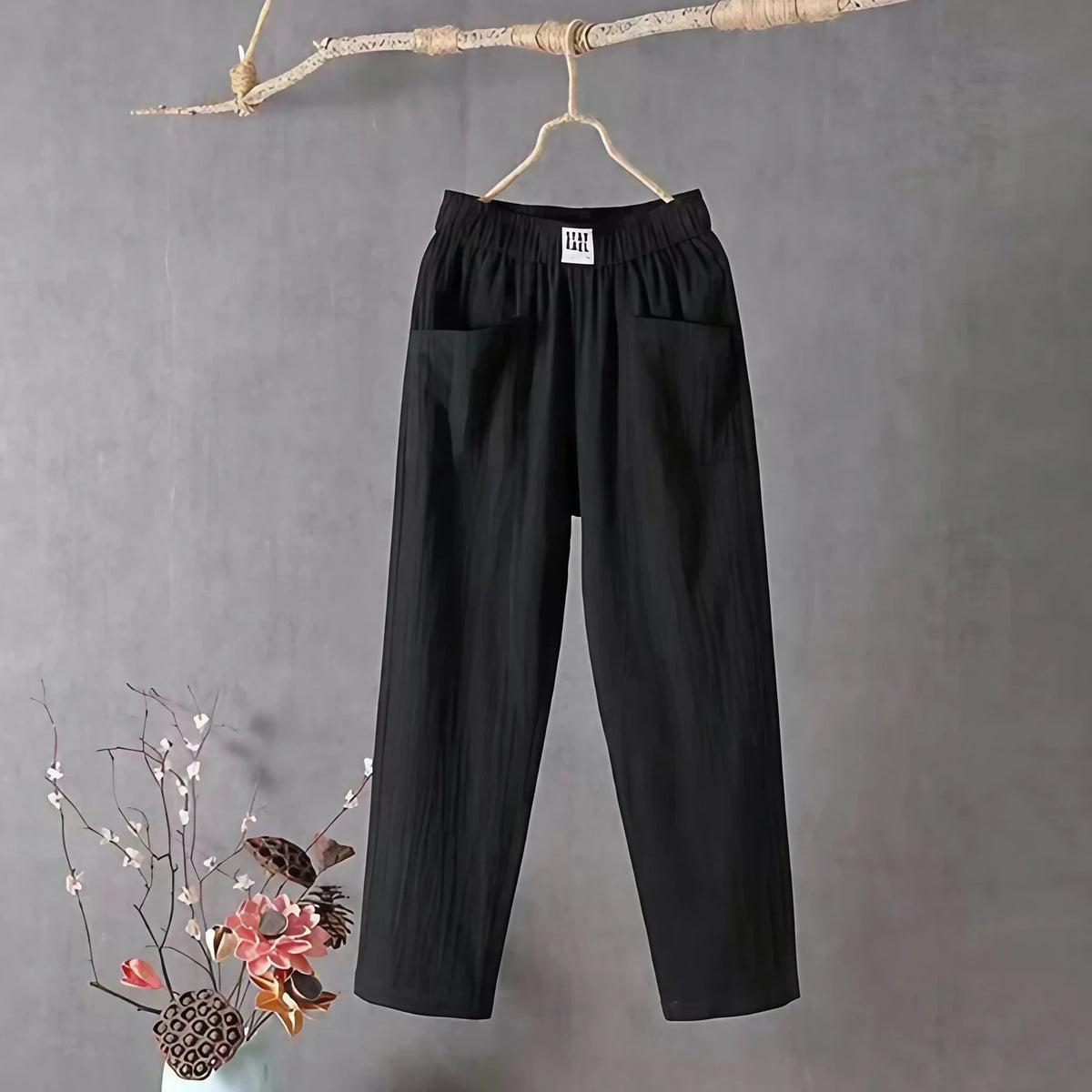 Pantalon femme coton et lin, taille élastique, jambe droite, noir