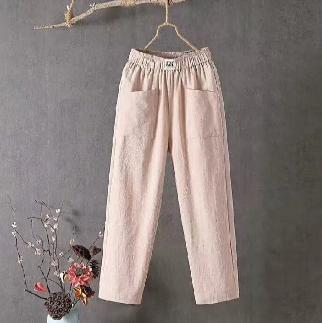 Pantalon femme coton et lin, taille élastique, jambe droite, rose