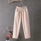 Pantalon femme coton et lin, taille élastique, jambe droite, rose