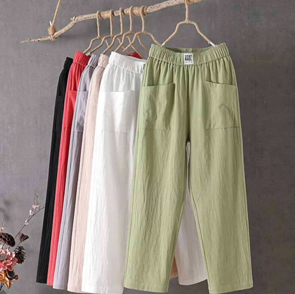 Pantalon femme coton et lin, taille élastique, jambe droite