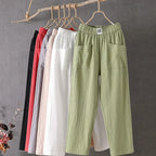 Pantalon femme coton et lin, taille élastique, jambe droite
