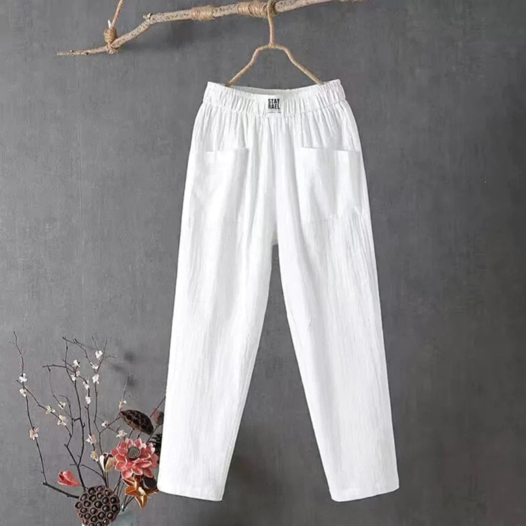 Pantalon femme coton et lin, taille élastique, jambe droite, blanc