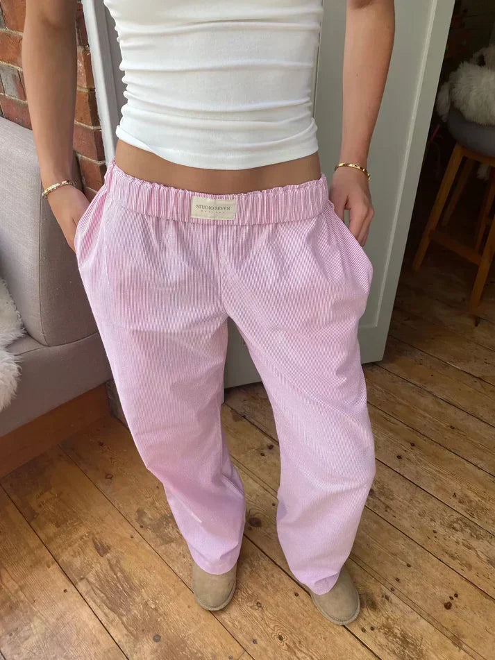 Pantalon rayé femme ample à taille élastique, rayures verticales, rose