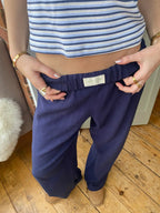 Pantalon rayé femme ample à taille élastique, rayures verticales, bleu marine