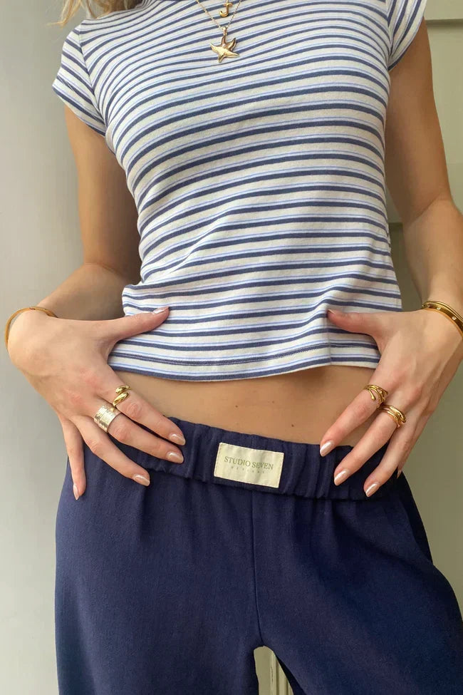 Pantalon rayé femme ample à taille élastique, rayures verticales