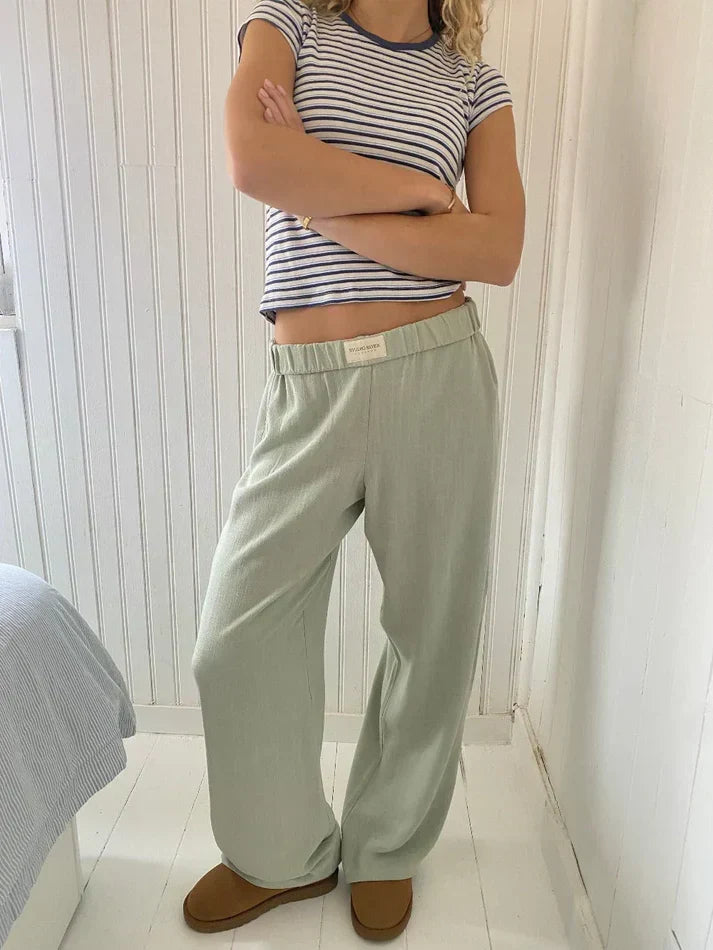 Pantalon rayé femme ample à taille élastique, rayures verticales, vert