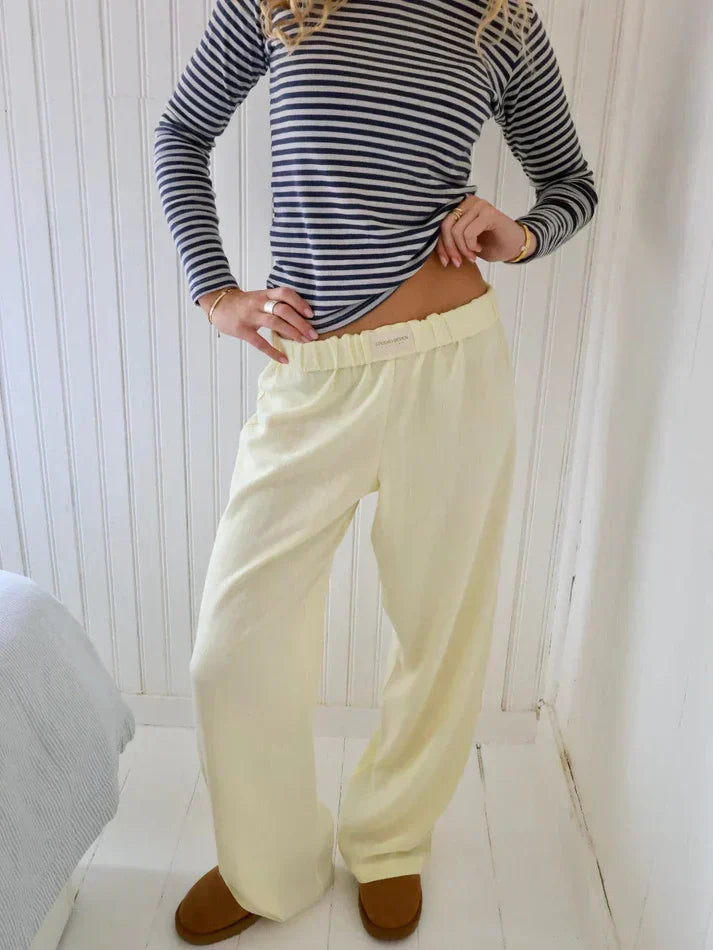 Pantalon rayé femme ample à taille élastique, rayures verticales, jaune