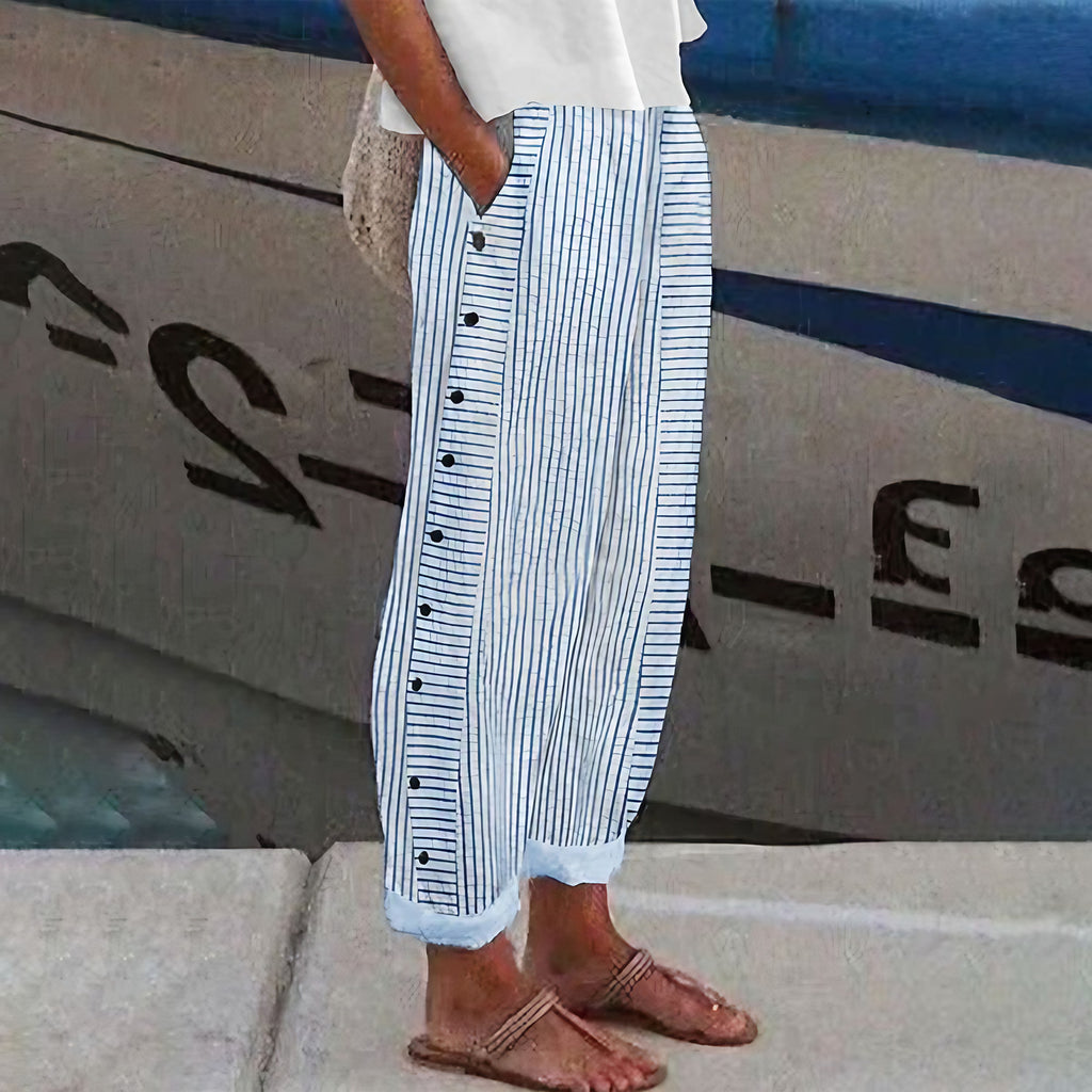 Pantalon femme ample à taille élastique et poches latérales, bleu