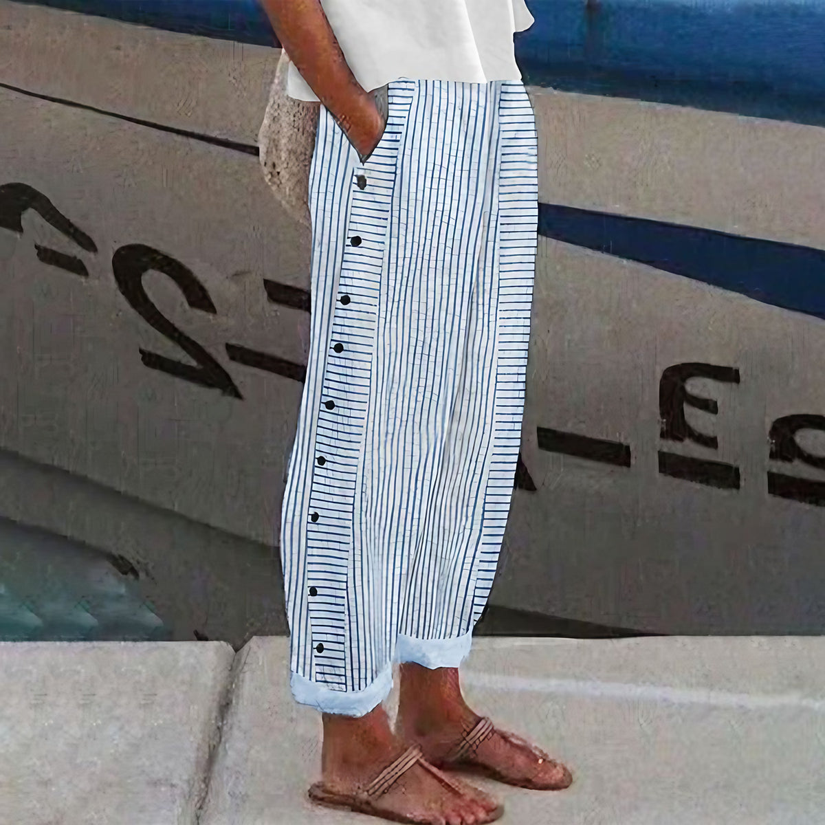 Pantalon femme ample à taille élastique et poches latérales, bleu