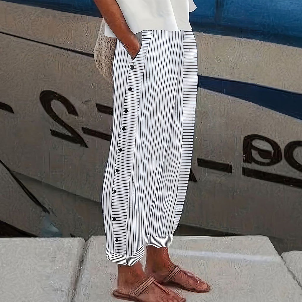 Pantalon femme ample à taille élastique et poches latérales, gris