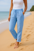 Pantalon en coton et lin femme, taille élastique, six coloris, bleu