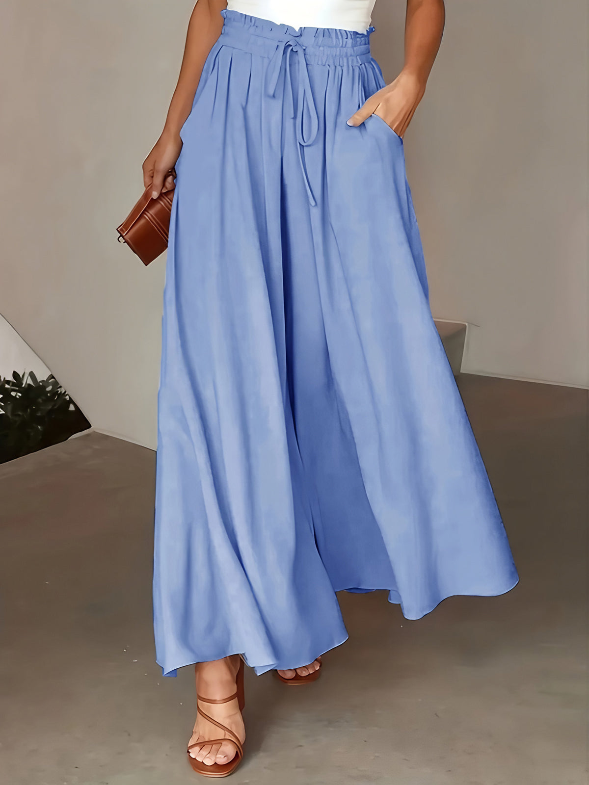 Pantalon large femme uni à taille élastique et cordon, six coloris