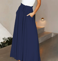 Pantalon large femme uni à taille élastique et cordon, six coloris, bleu marine