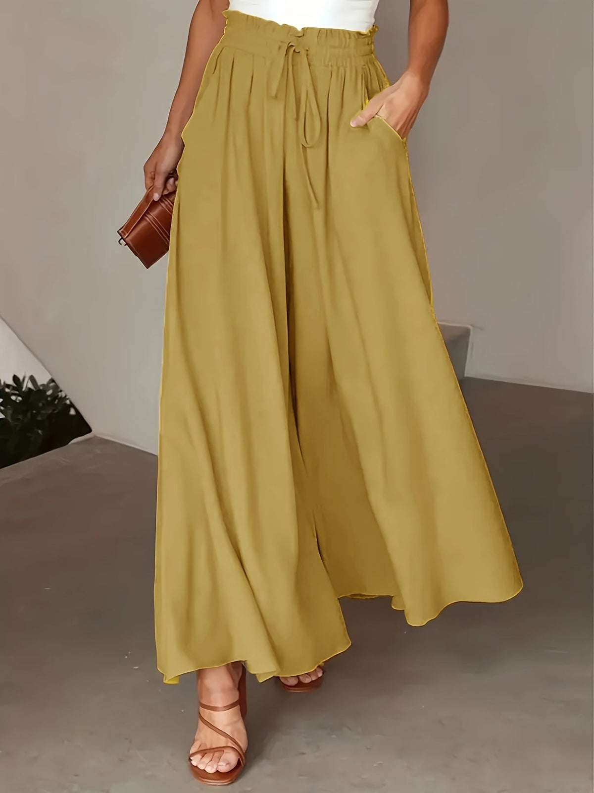 Pantalon large femme uni à taille élastique et cordon, six coloris