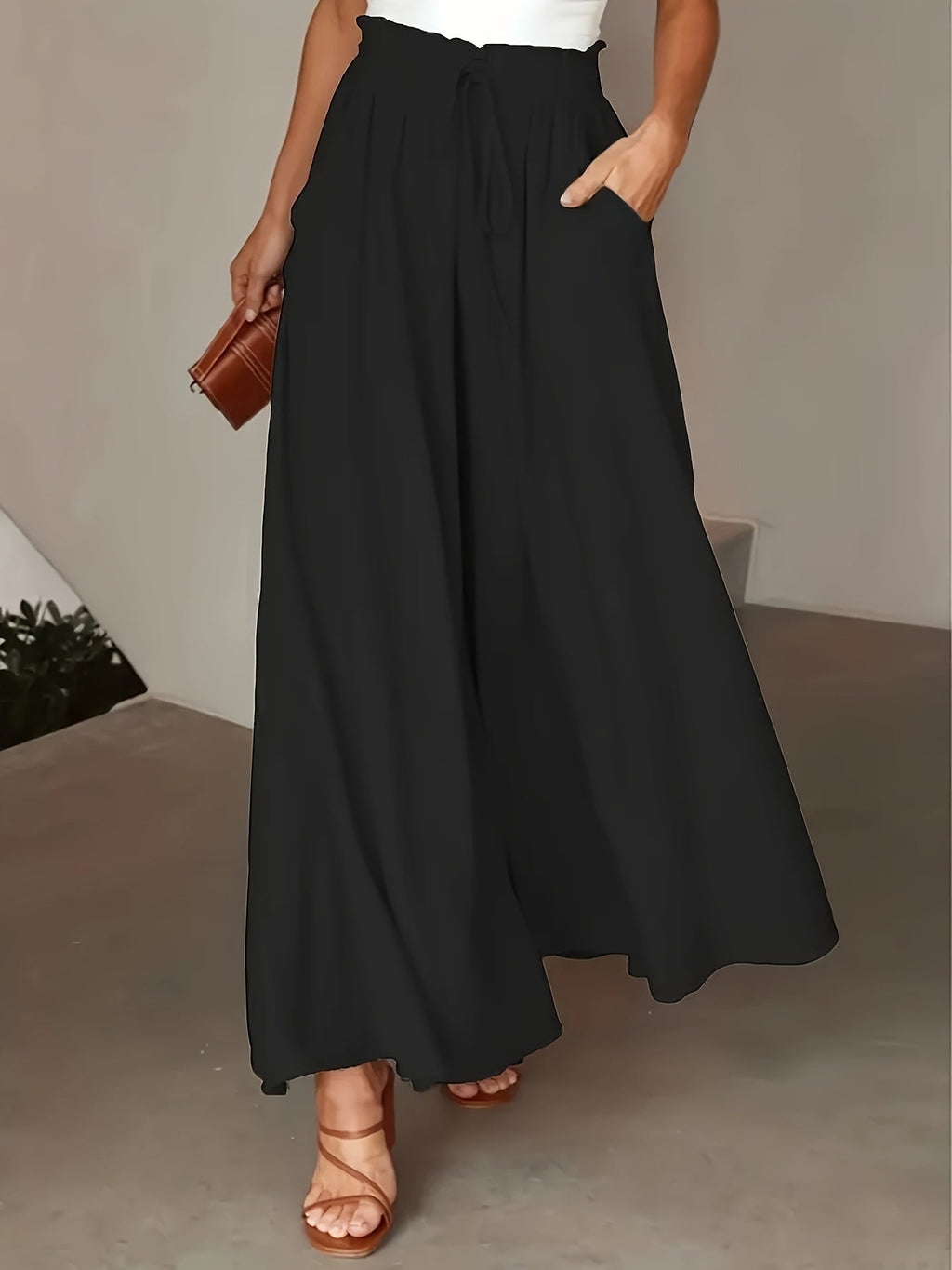 Pantalon large femme uni à taille élastique et cordon, six coloris