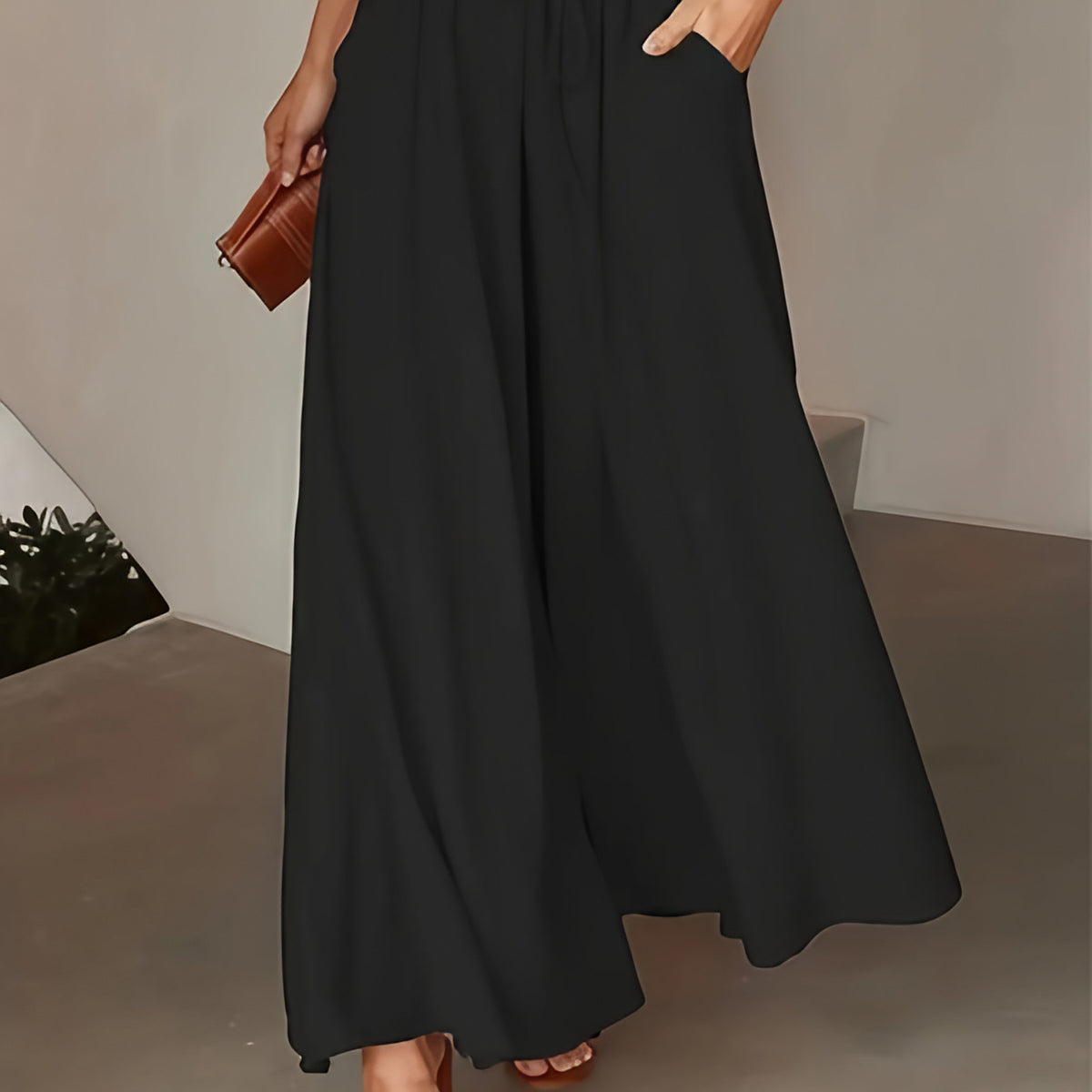 Pantalon large femme uni à taille élastique et cordon, six coloris, noir