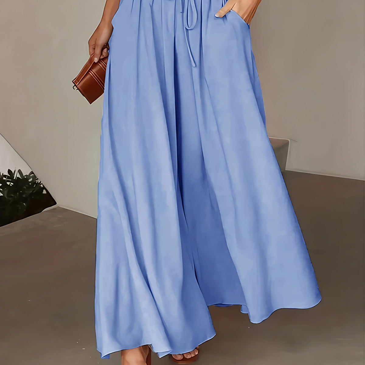 Pantalon large femme uni à taille élastique et cordon, six coloris, bleu ciel