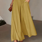 Pantalon large femme uni à taille élastique et cordon, six coloris, jaune foncé