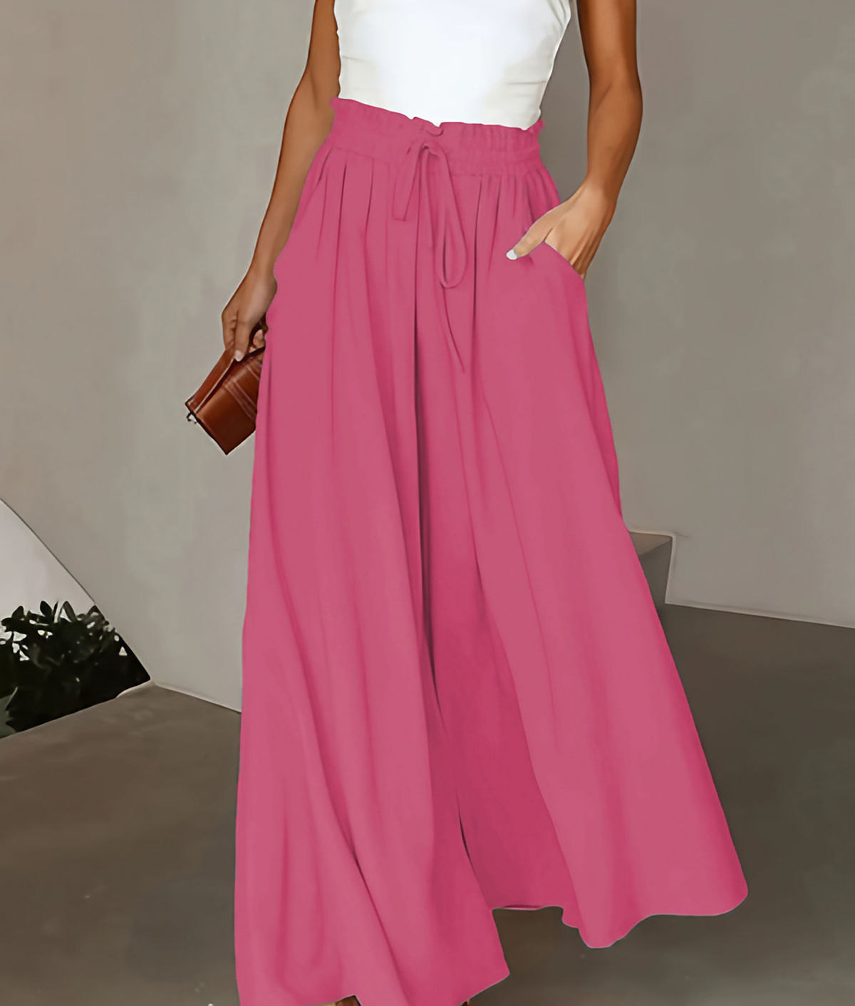 Pantalon large femme uni à taille élastique et cordon, six coloris, gris rosé pâle