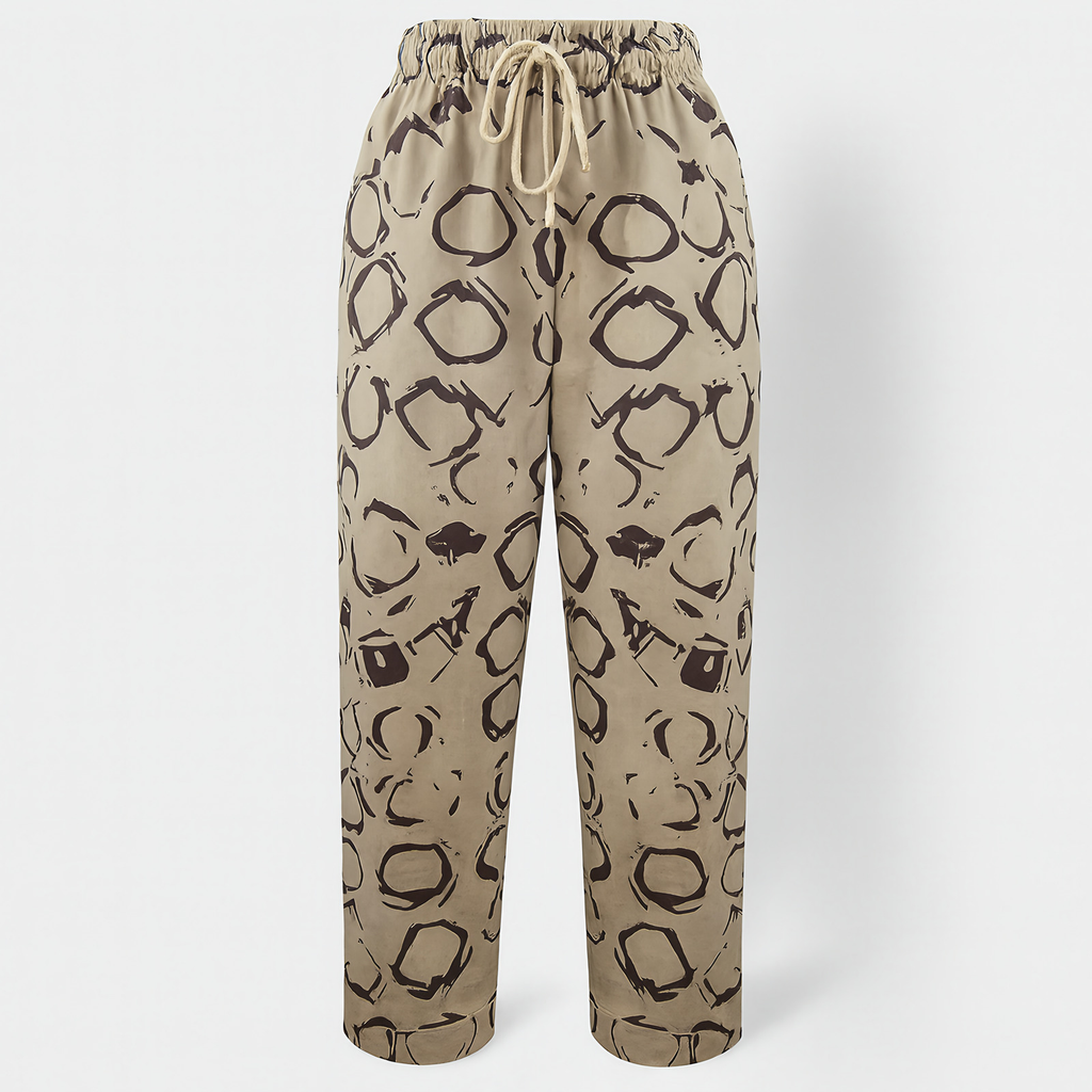 Pantalon femme coton et lin, taille élastique à cordon, six motifs, beige à imprimé cercles