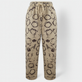 Pantalon femme coton et lin, taille élastique à cordon, six motifs, beige à imprimé cercles