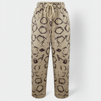 Pantalon femme coton et lin, taille élastique à cordon, six motifs, beige à imprimé cercles