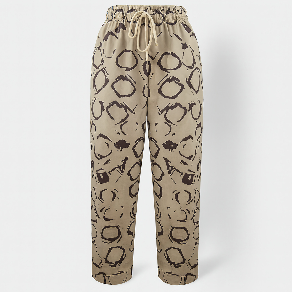 Pantalon femme coton et lin, taille élastique à cordon, six motifs, beige à imprimé cercles