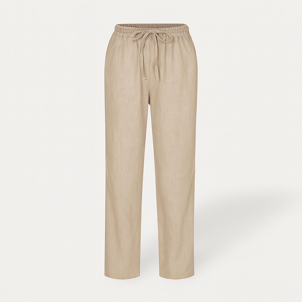 Pantalon femme coton et lin, taille élastique à cordon, six motifs, beige