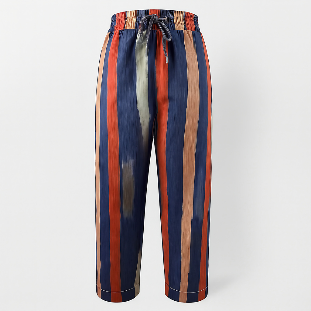 Pantalon femme coton et lin, taille élastique à cordon, six motifs, rayé
