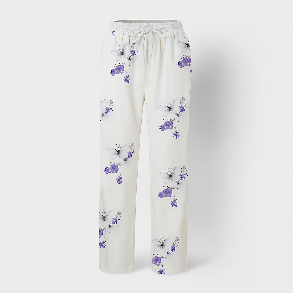 Pantalon femme coton et lin, taille élastique à cordon, six motifs, imprimé fleuri