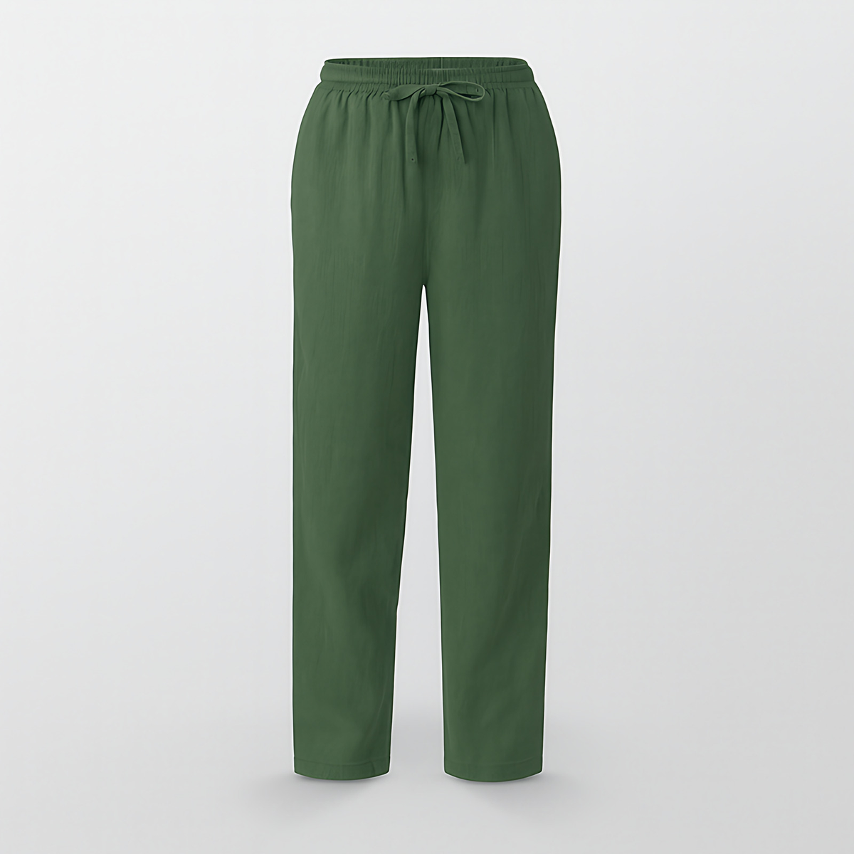 Pantalon femme coton et lin, taille élastique à cordon, six motifs, vert foncé