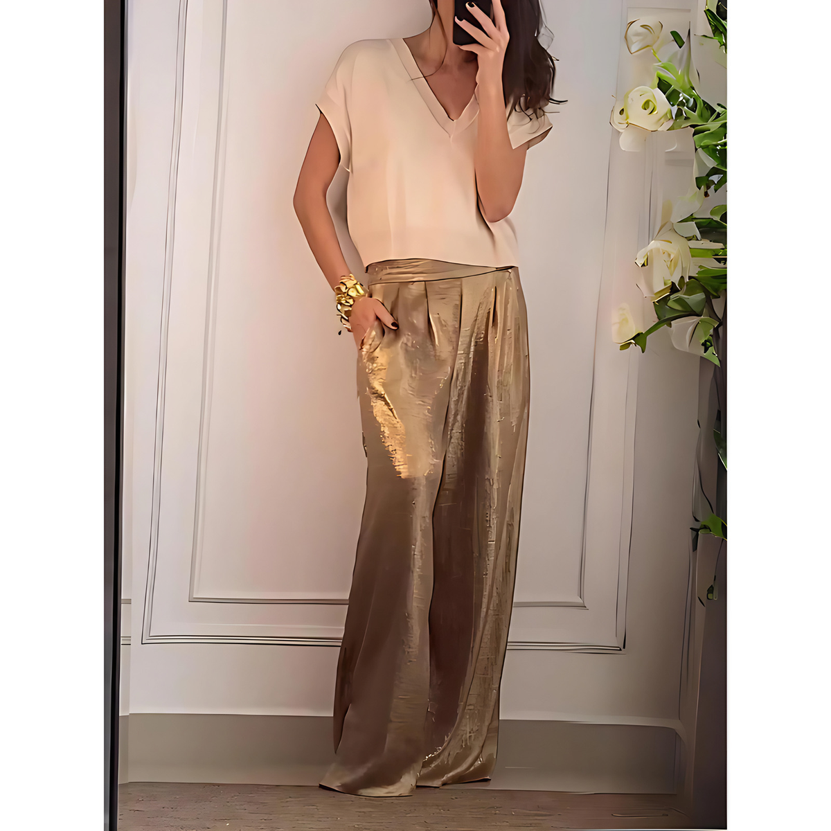 Pantalon femme taille haute, jambe large, coloris dorés, blanc et or