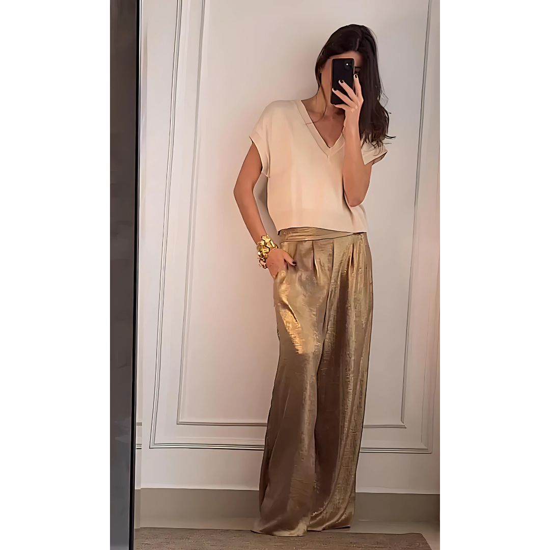 Pantalon femme taille haute, jambe large, coloris dorés