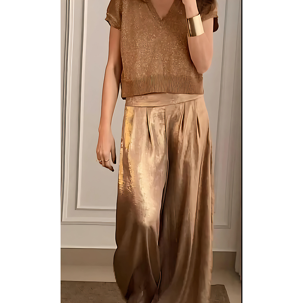 Pantalon femme taille haute, jambe large, coloris dorés, or