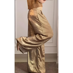 Pantalon femme taille haute, jambe large, coloris dorés