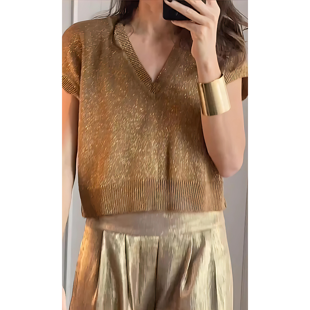 Pantalon femme taille haute, jambe large, coloris dorés