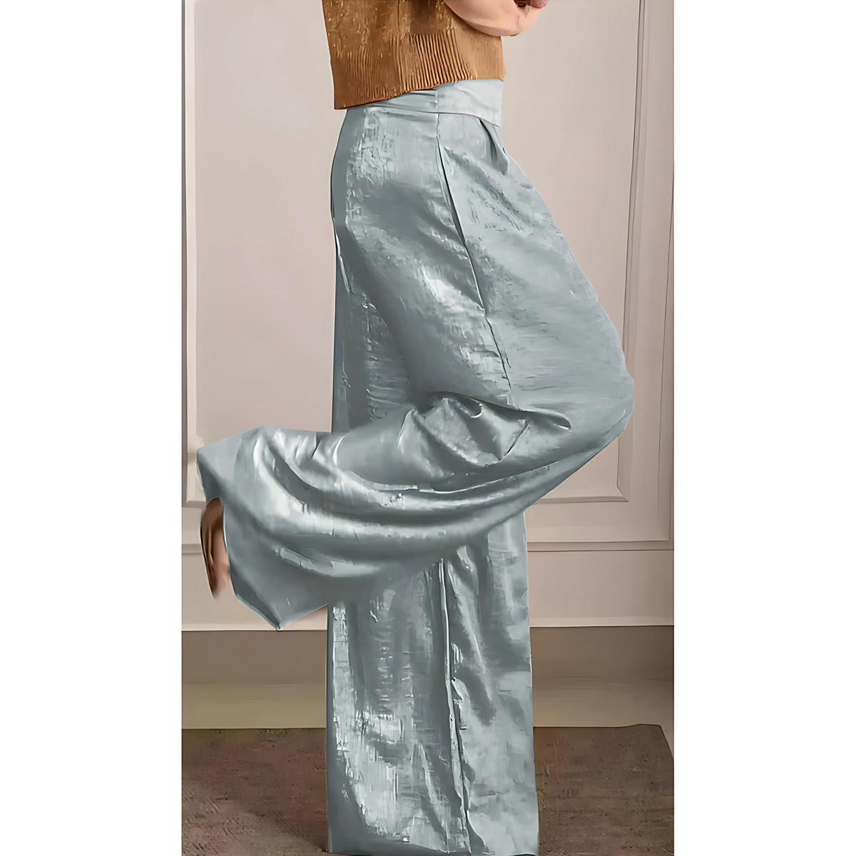 Pantalon femme taille haute, jambe large, coloris dorés, argent et or