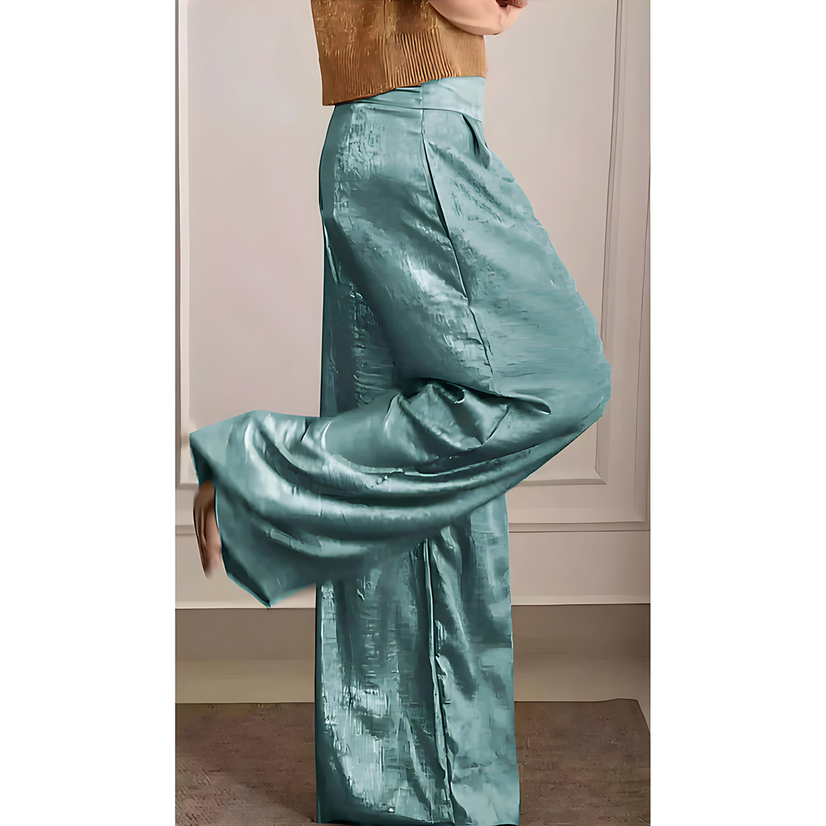 Pantalon femme taille haute, jambe large, coloris dorés, bleu et or