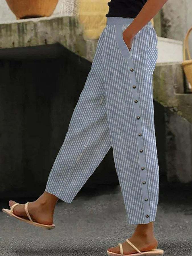 Pantalon rayé femme coupe fluide, bleu ou gris, du S au 3XL, bleu